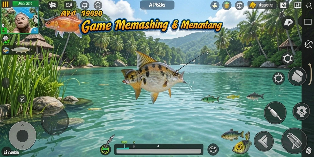Tampilan gameplay menarik dengan berbagai lokasi memancing yang menakjubkan.