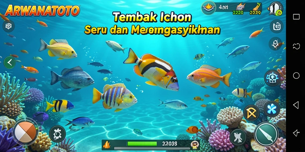 Tampilan gameplay ARWANATOTO dengan ikan berwarna-warni dan senjata menembak.