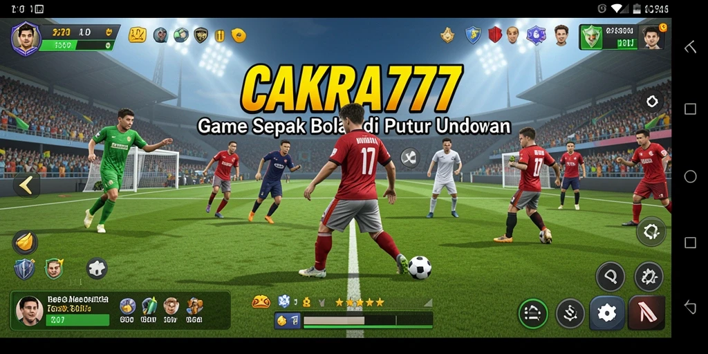 Tangkapan layar gameplay dari CAKRA777 menampilkan aksi sepak bola yang mendebarkan.