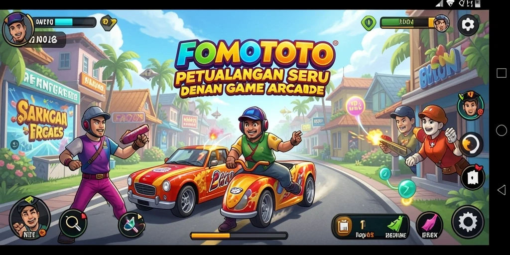 Screenshot permainan FOMOTOTO menampilkan aksi seru gameplay arcade.