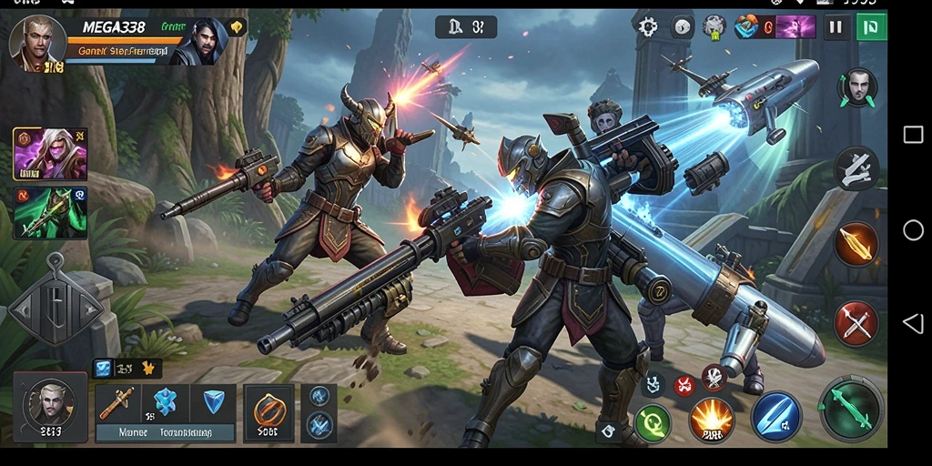 Screenshot gameplay MEGA338 menampilkan pertarungan strategi yang intens.