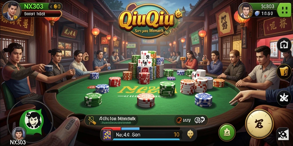 Tangkapan layar gameplay NX303 menunjukkan aksi seru dan intens permainan QiuQiu.