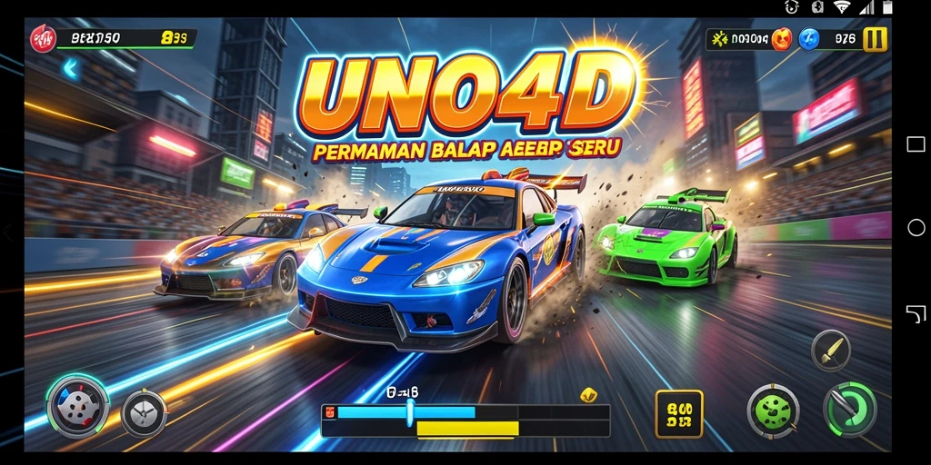 Screenshot gameplay UNO4D menampilkan aksi balapan yang seru dan seru.